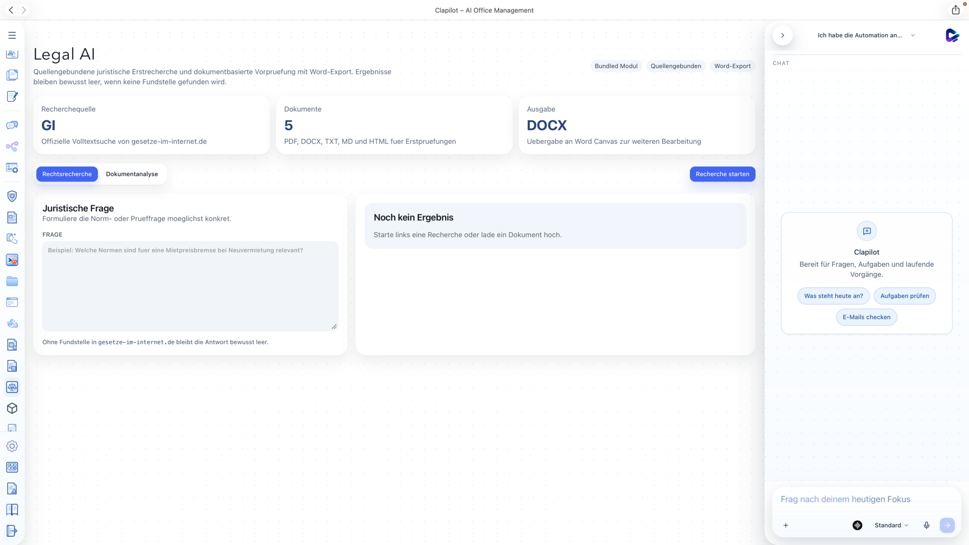 Clapilot Legal AI Recherche mit Quellenbezug