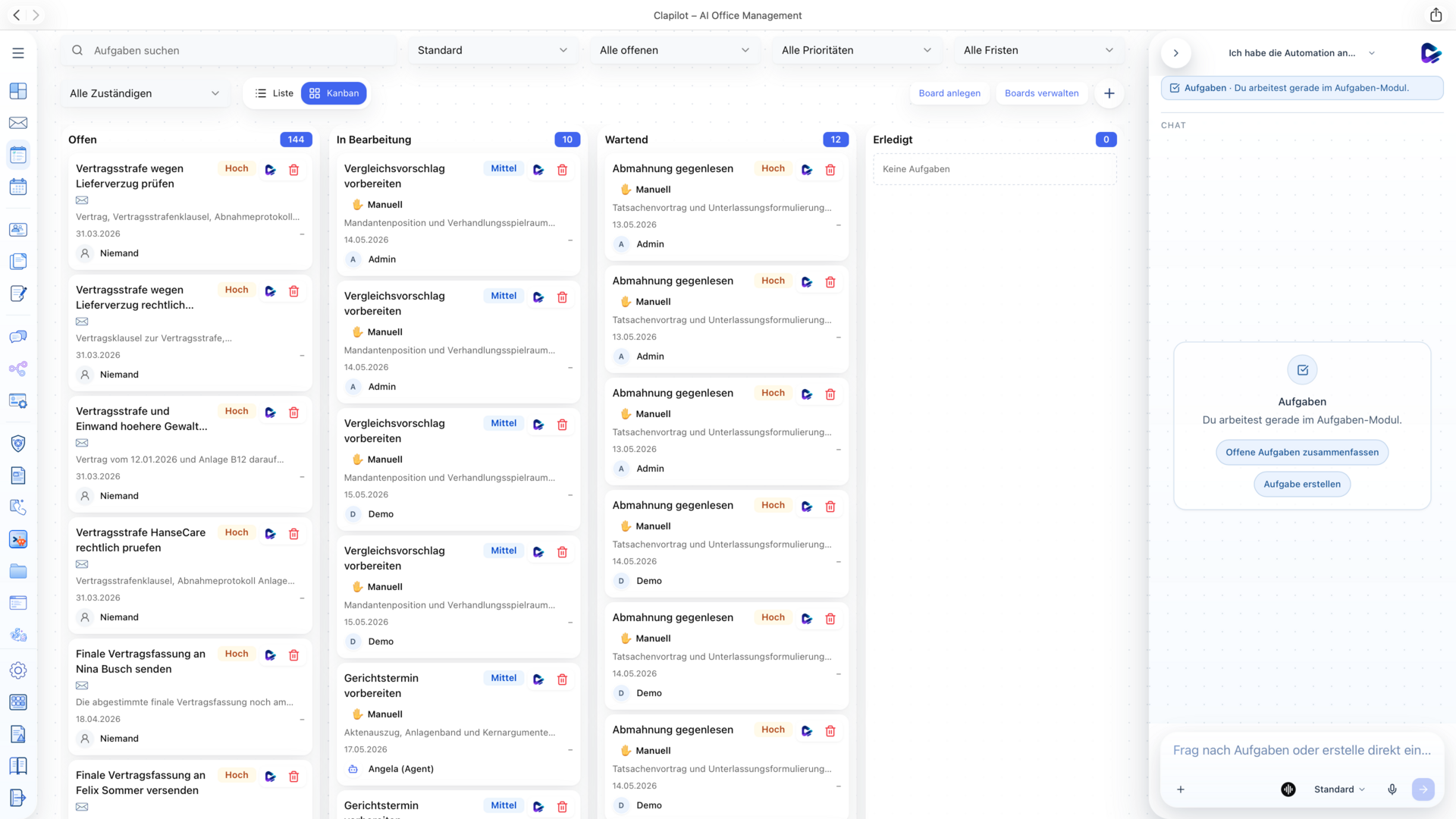 Clapilot Aufgabenboard mit priorisierten Vorgängen