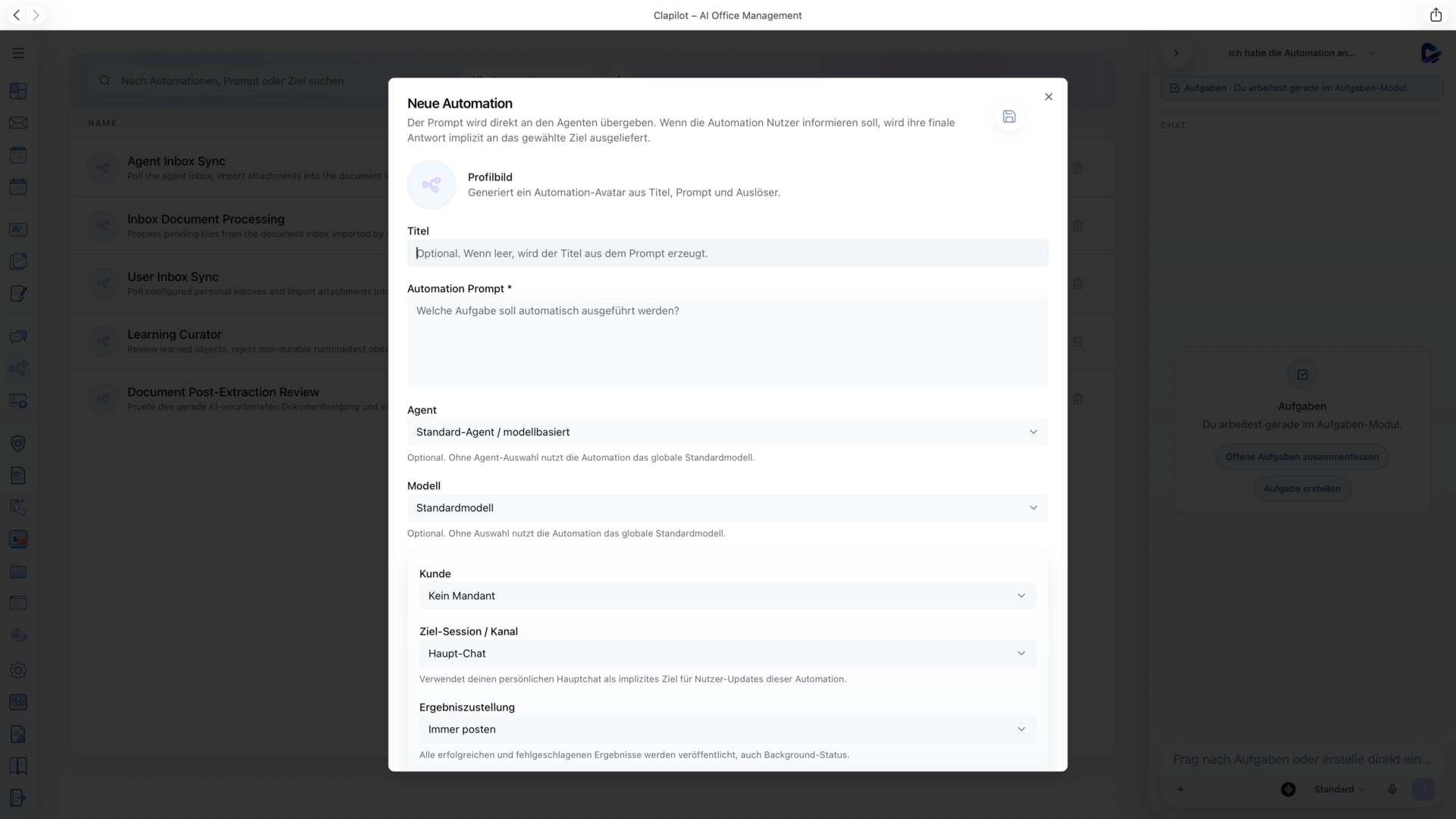 Clapilot Automationskonfiguration mit Prompt, Agent, Modell und Freigabeeinstellungen