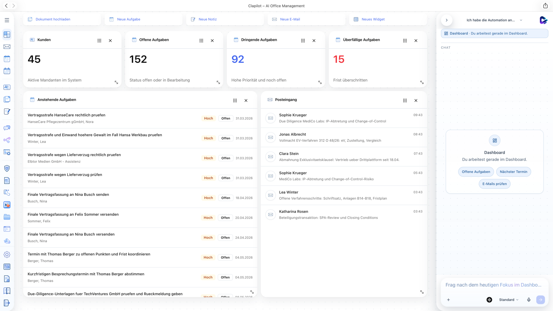 Clapilot Web App Dashboard mit Übersicht über E-Mails, Aufgaben und Fristen