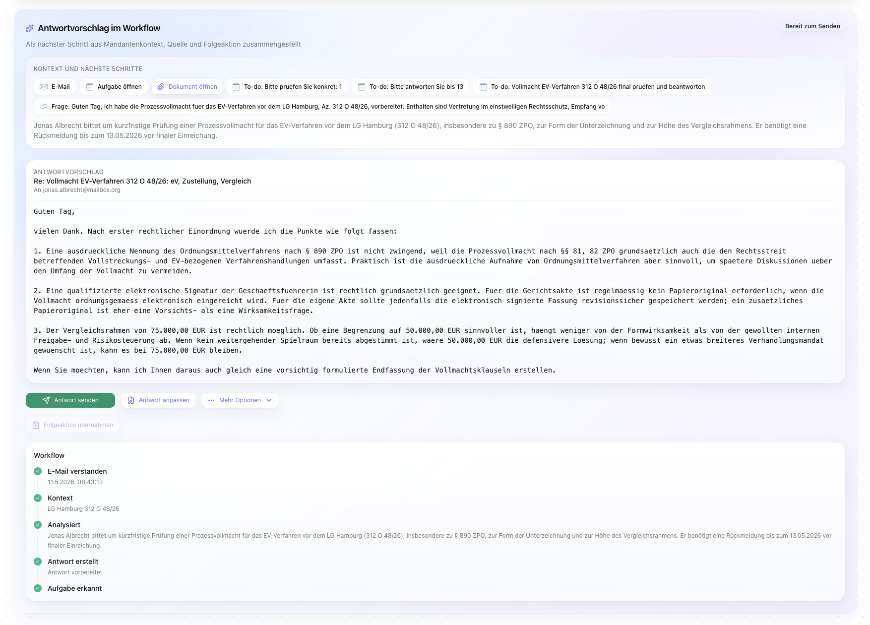 Clapilot Agent Workspace mit vorbereitetem Entwurf