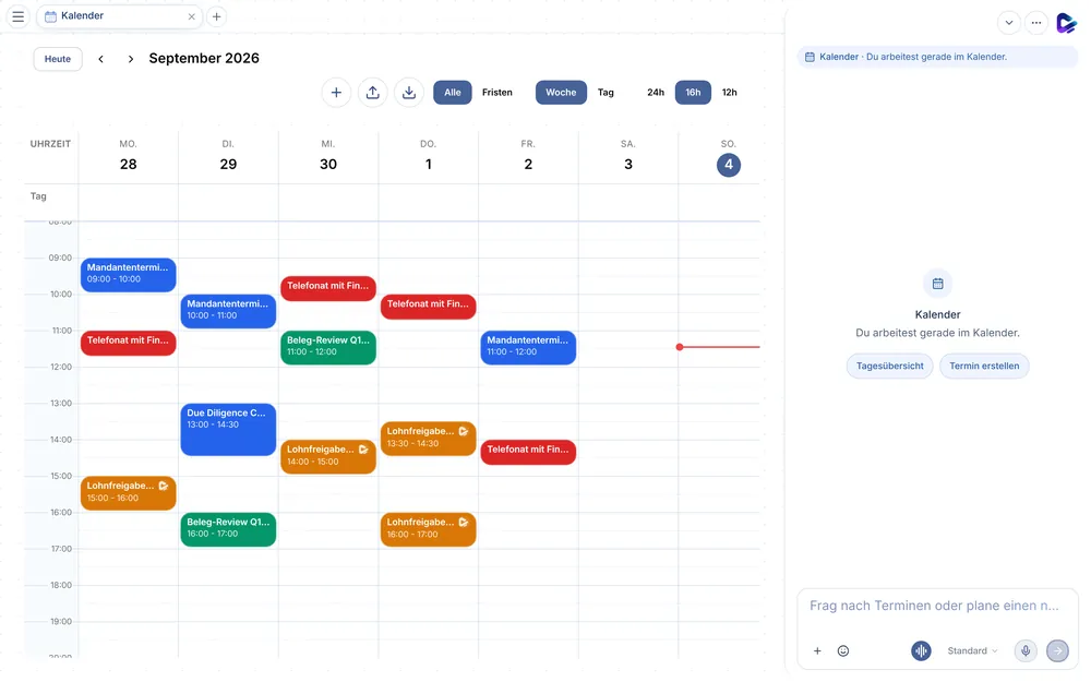 Clapilot-Kalender am Desktop in der Wochenansicht mit Mandantenterminen, Telefonaten und Reviews