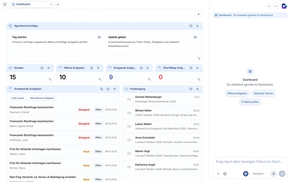 Clapilot-Dashboard am Desktop: Agentenvorschläge, Kennzahlen zu Kunden und Aufgaben, anstehende Aufgaben und Posteingang