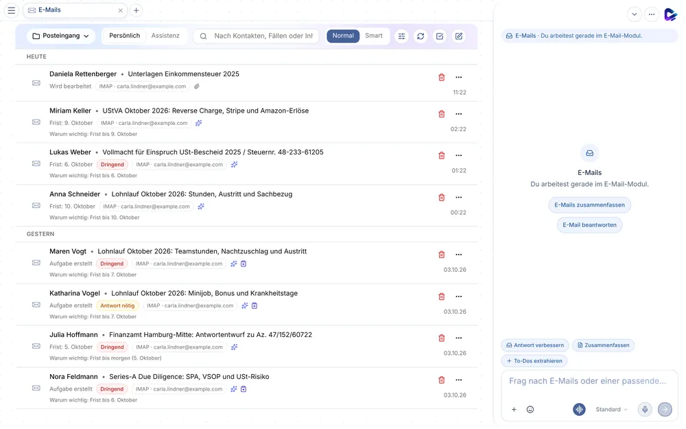 Clapilot-Posteingang am Desktop mit priorisierten E-Mails, Fristen und dem Grund, warum eine Mail wichtig ist