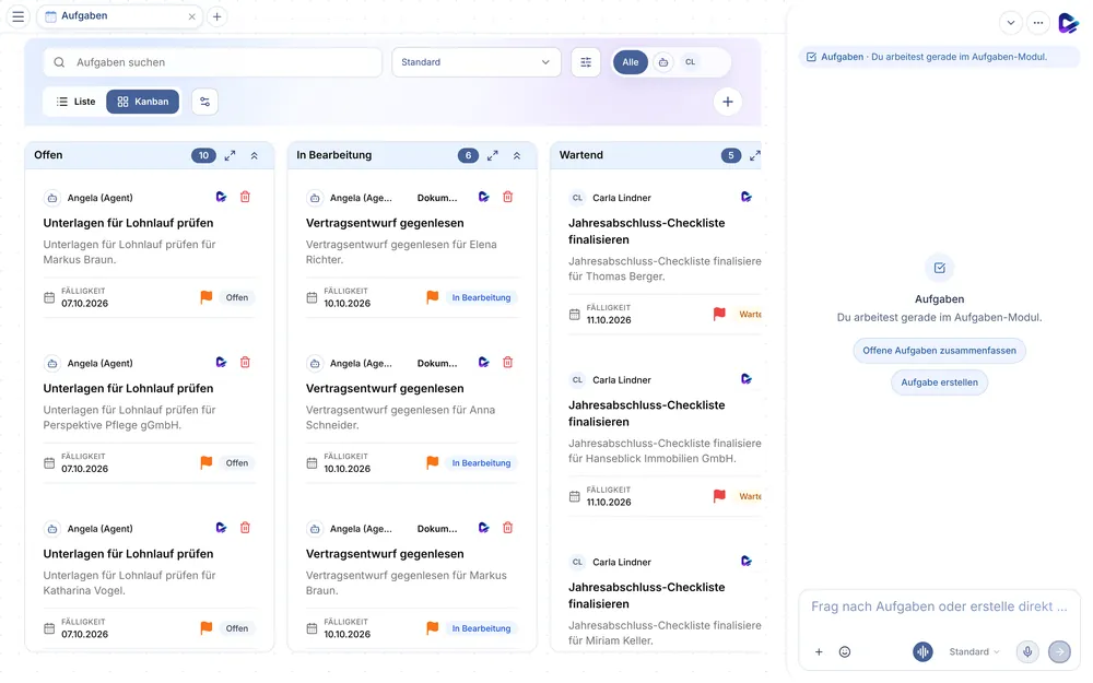 Clapilot-Aufgaben am Desktop als Kanban-Board mit den Spalten Offen, In Bearbeitung und Wartend