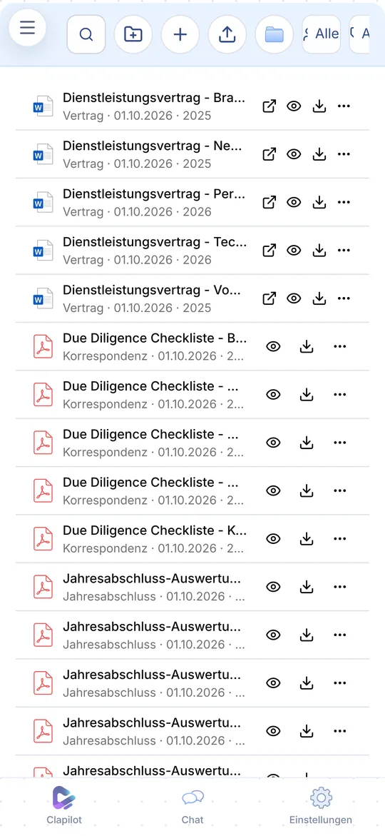 Clapilot-Dokumente auf dem Smartphone als Liste mit Verträgen und Checklisten