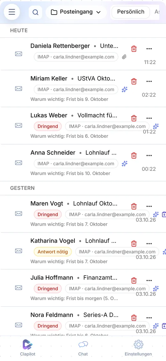 Clapilot-Posteingang auf dem Smartphone mit priorisierten E-Mails und Fristen
